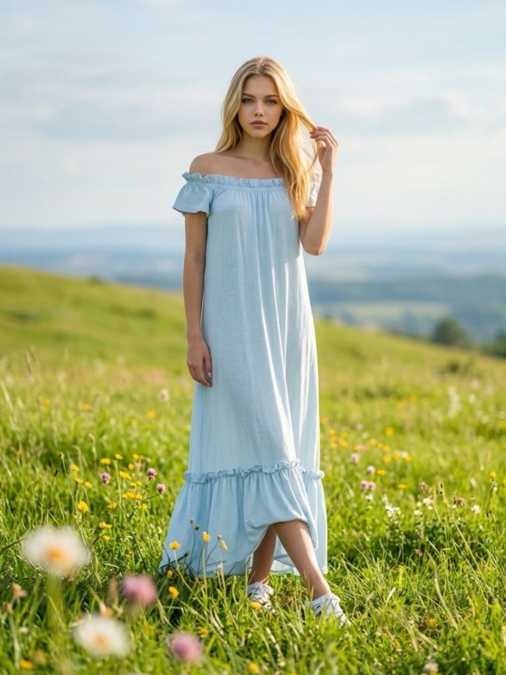 Sundry Baby Blue Cotton Off Shoulder Ruffle Maxi Dress Sz 1